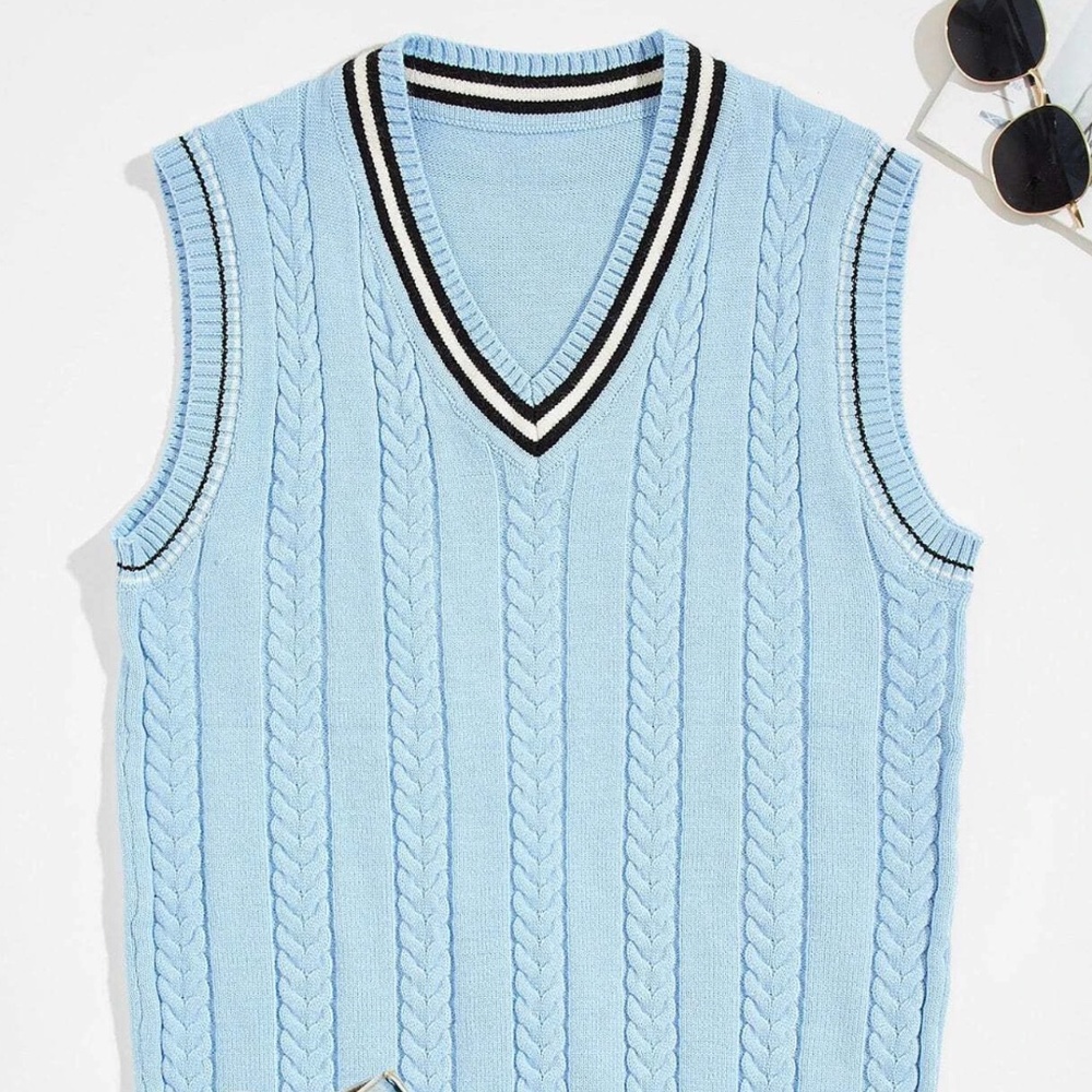 Striped ribbed cable jersey vest